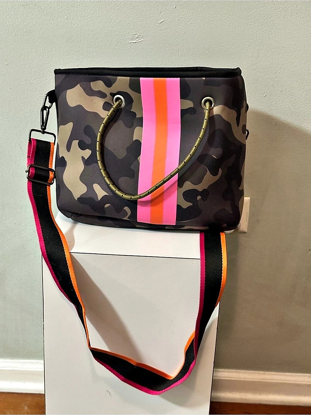 Haute Shore Greyson Showoff Neoprene Tote Camo Tote in Black & Pink
